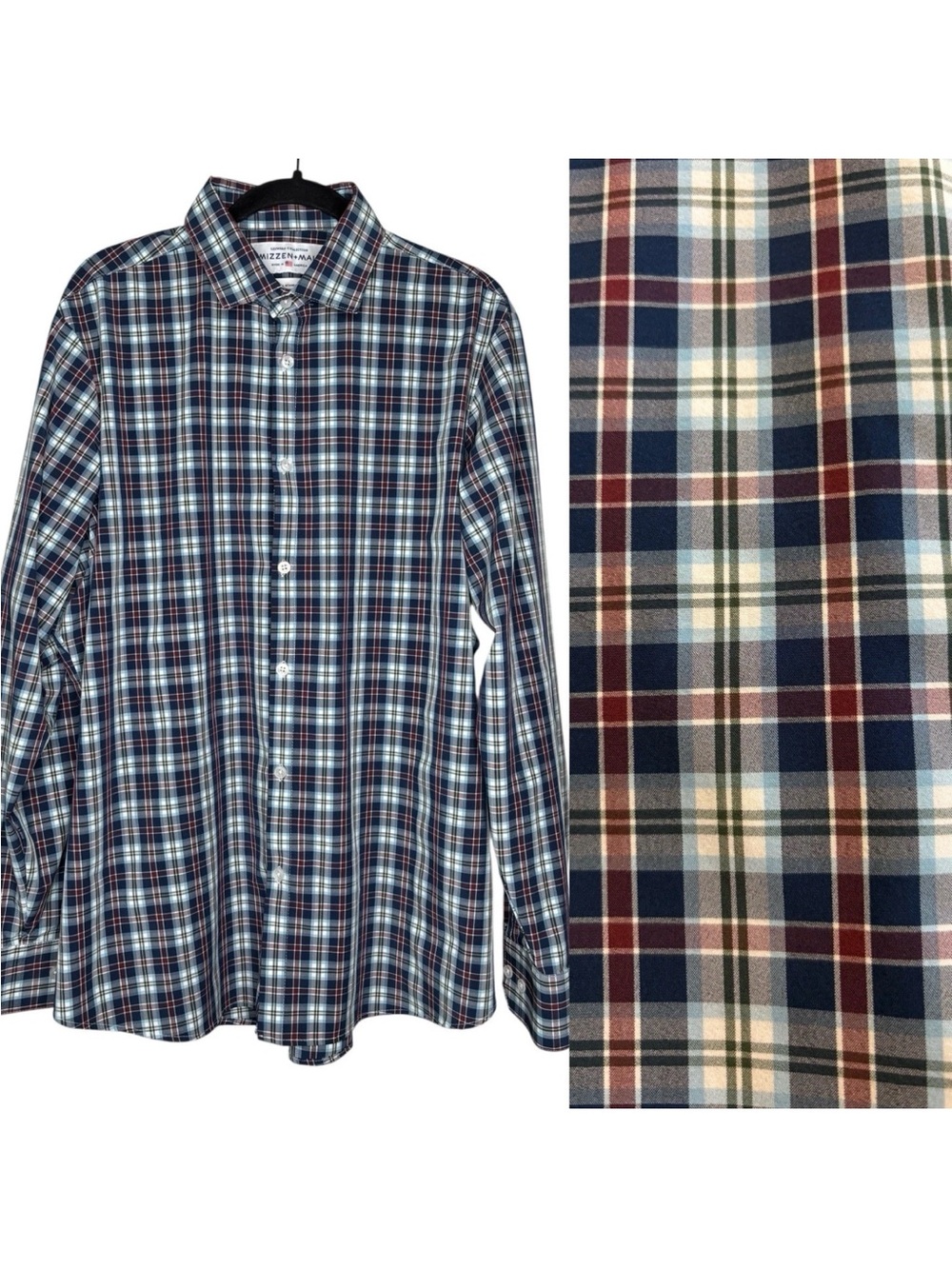 MIZZEN + MAIN Men's Leeward Collection Shirt Large L Navy Plaid Button Up Shirt